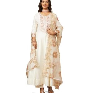 Amazon Brand - Myx Women's Embroidered Anarkali Kurta Pant Set with Organza Dupatta